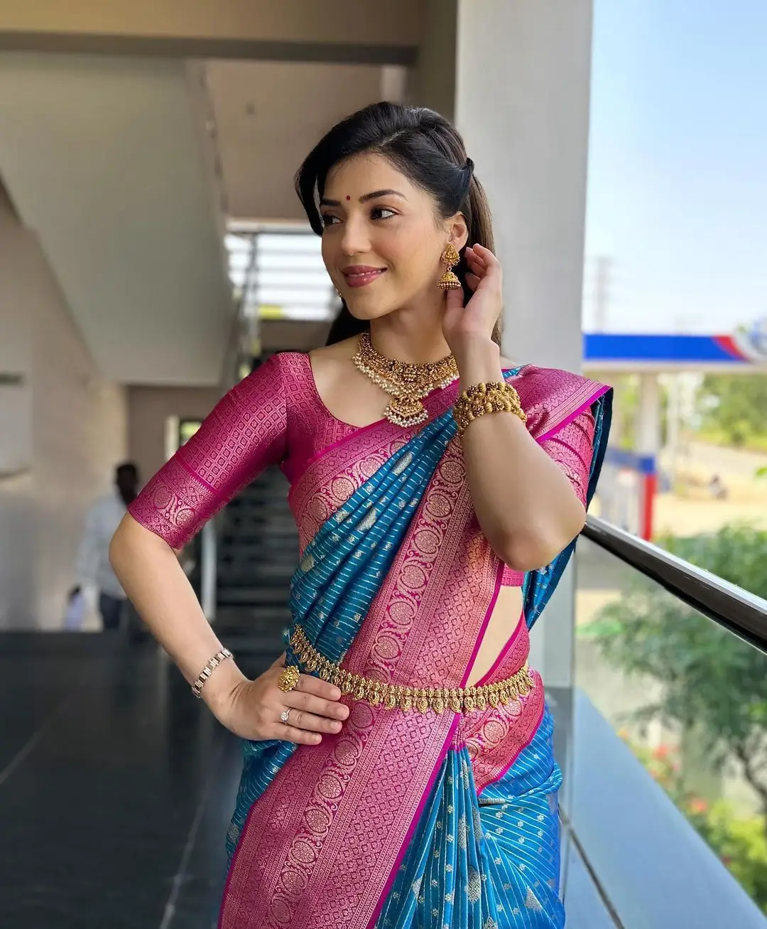 Mehreen Pirzada In South Indian Traditional Blue Saree Pink Blouse